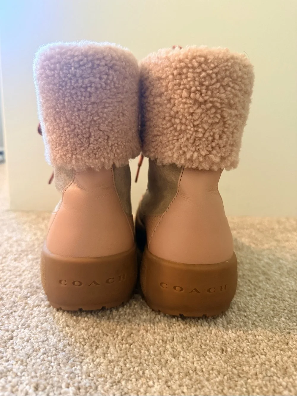 Coach Women's Taupe Pink Fleece-Trim Lace-Up Boots